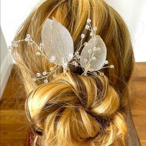 Wedding hair accessory - silver leaf hair pins with crystals (one pair)